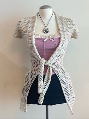 Vintage Cream Open-Knit Tie-Front Women's Sweater